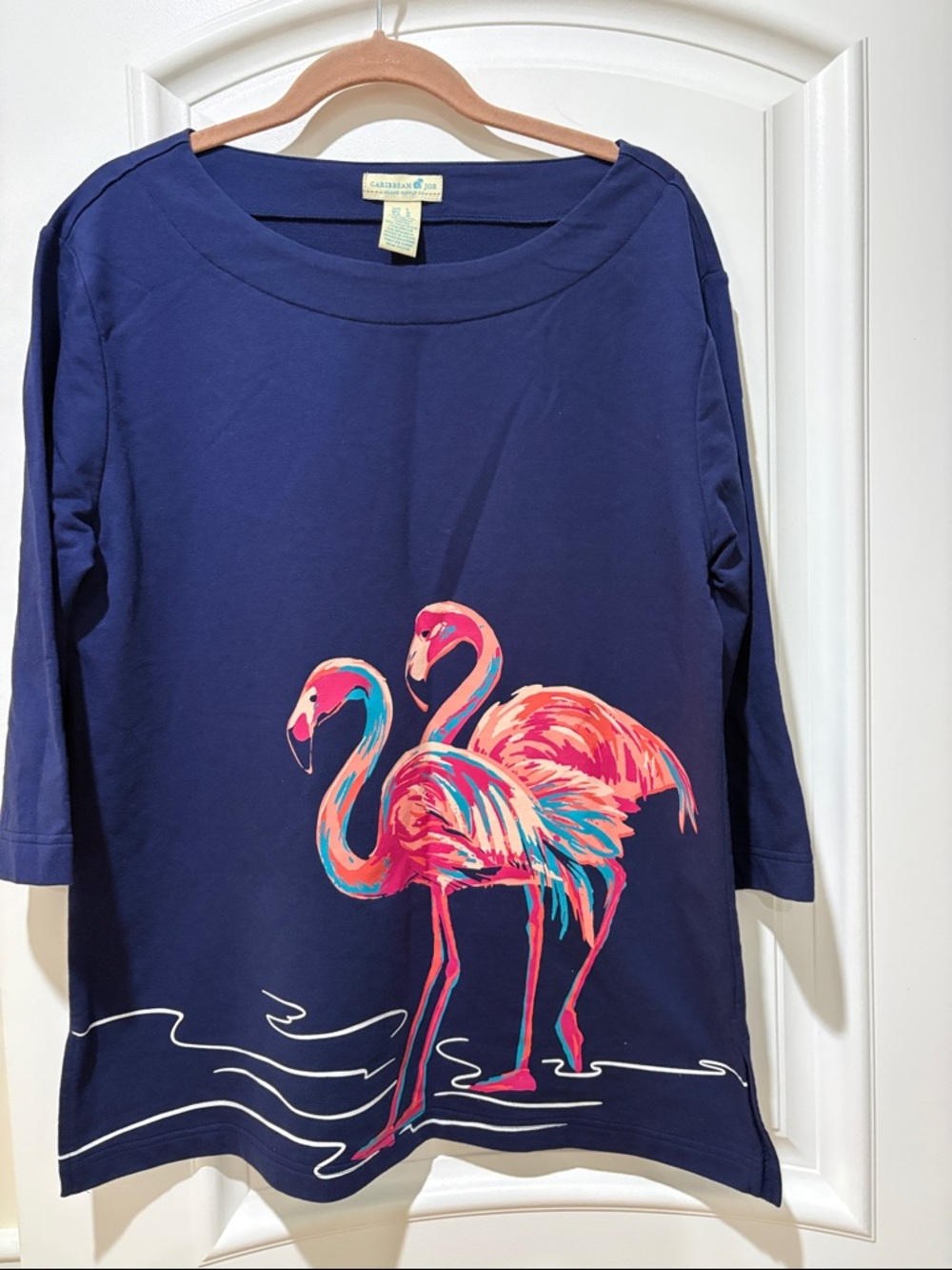 Caribbean Joe Navy Top with Pink & Teal Flamingo Print - Picture 3 of 14